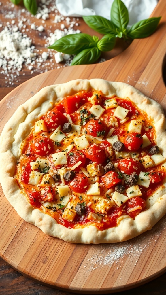 Homemade Bread Machine Pizza Crust Recipe Golden brown homemade pizza crust on a wooden peel, ready for toppings in a rustic kitchen.